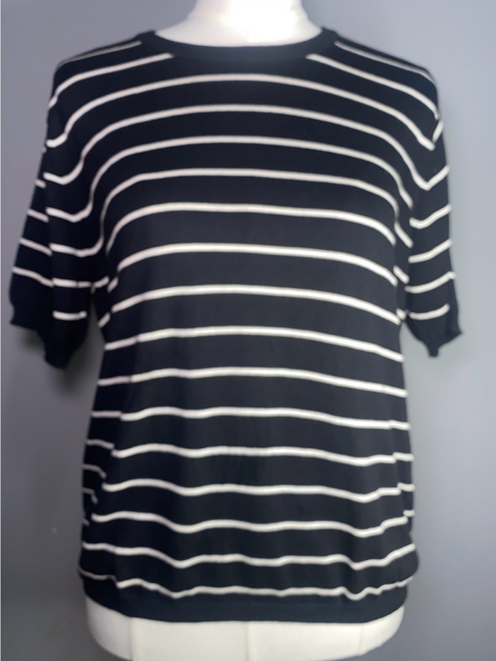 Talbots Black and White Striped Short Sleeve Sweater Size L